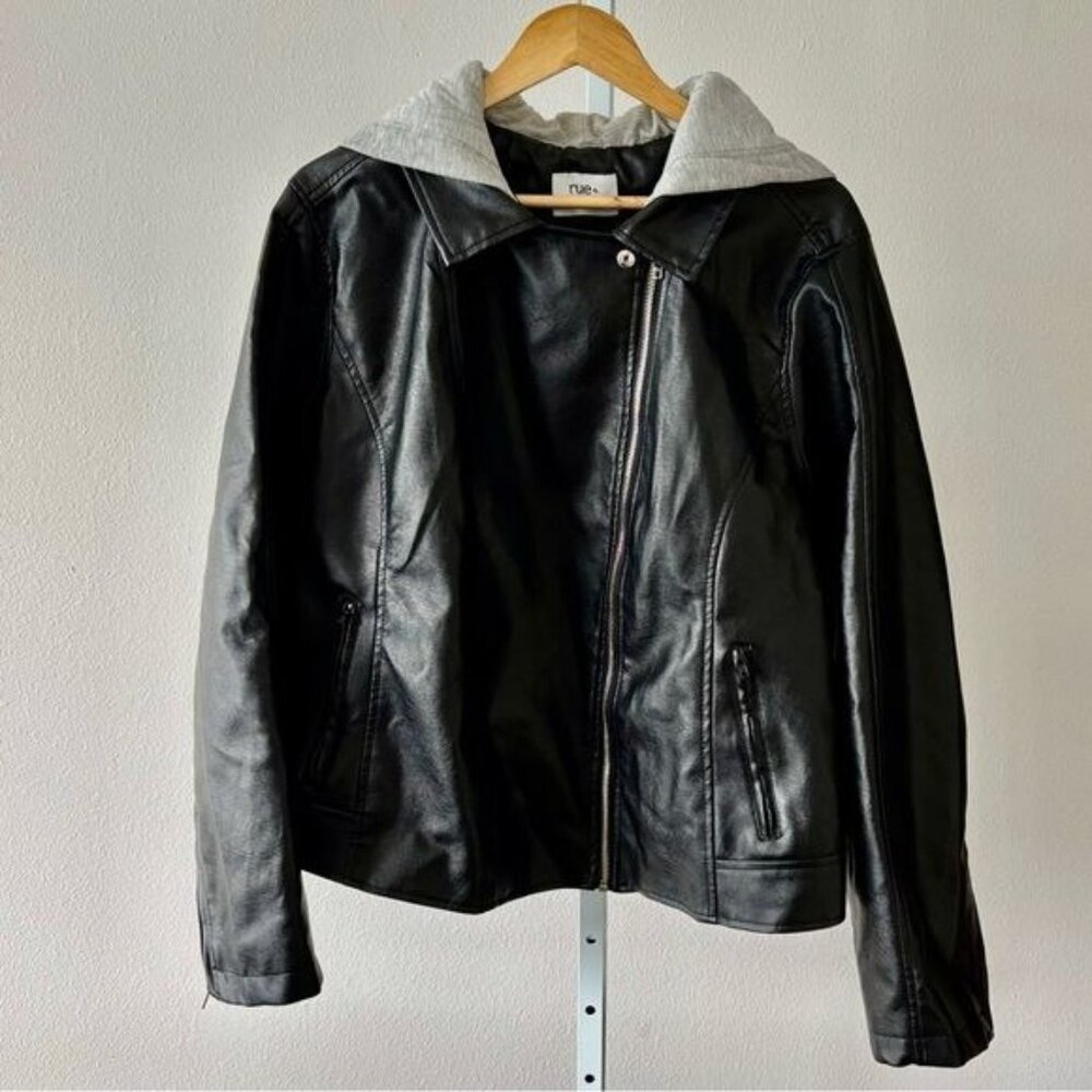 Rue 21+ Jacket 3X Retro Moto Zip Faux Leather Hood Mixed Media Streetwear Grunge - Picture 11 of 11